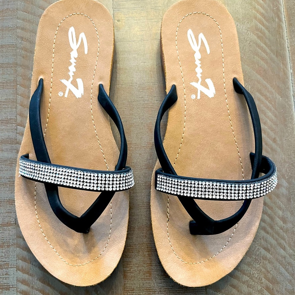 Seven7 Black and Tan Sandals with Rhinestone Detail- NEW
